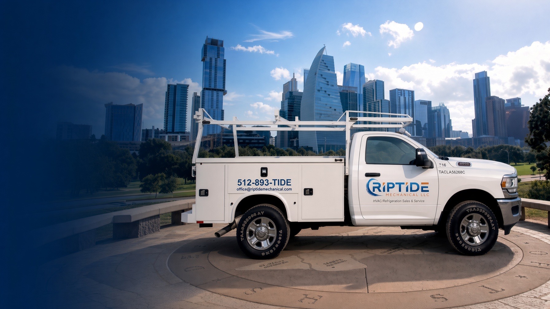 A Riptide Mechanical service truck parked with the downtown Austin skyline behind it, the Austin number 512-893-TIDE and license TACLA56268C on the truck